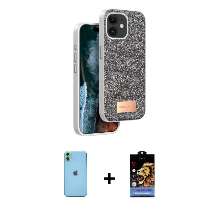 MARSİLYAN™- iPhone 11 Kılıf Vadi Klasik Serisi - Siyah Buffer Hayalet Cam Ekran Koruyucu + Neon Fosforlu Kamera Lens - YL