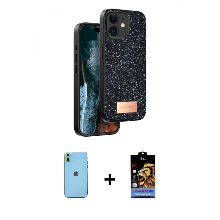 MARSİLYAN™- iPhone 11 Kılıf Vadi Klasik Serisi - Siyah Buffer Hayalet Cam Ekran Koruyucu + Neon Fosforlu Kamera Lens - YL