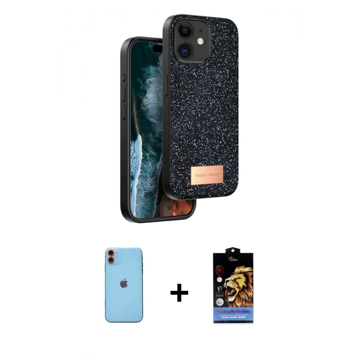 MARSİLYAN™- iPhone 11 Kılıf Vadi Klasik Serisi - Siyah Buffer Hayalet Cam Ekran Koruyucu + Neon Fosforlu Kamera Lens - TU