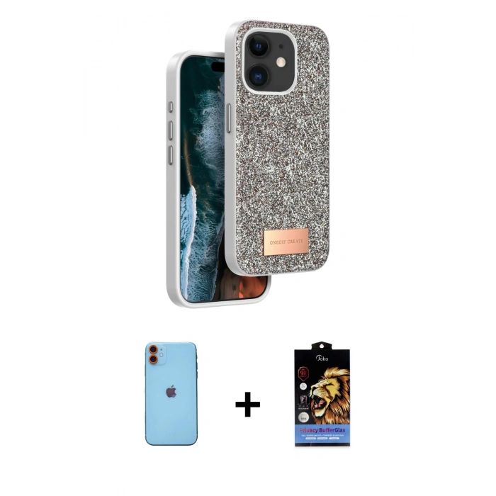 MARSİLYAN™- iPhone 11 Kılıf Vadi Klasik Serisi - Siyah Buffer Hayalet Cam Ekran Koruyucu + Neon Fosforlu Kamera Lens - TU