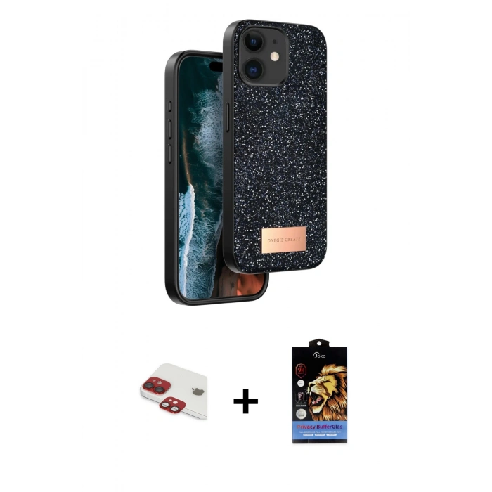 MARSİLYAN™- iPhone 11 Kılıf Vadi Klasik Serisi - Siyah Buffer Hayalet Cam Ekran Koruyucu + Pers Alüminyum Kamera Lens - KI