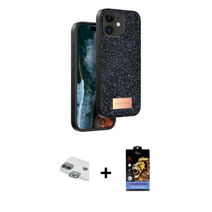 MARSİLYAN™- iPhone 11 Kılıf Vadi Klasik Serisi - Siyah Buffer Hayalet Cam Ekran Koruyucu + Pers Alüminyum Kamera Lens - YL