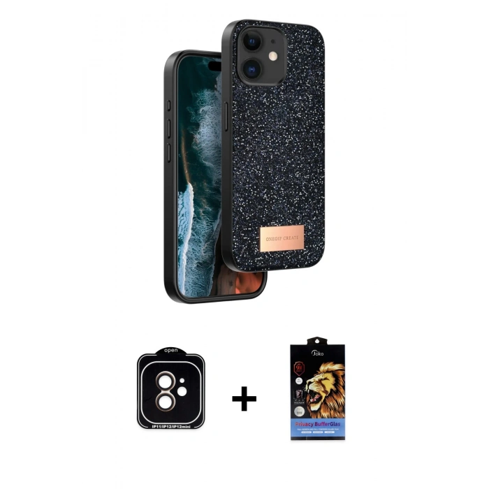 MARSİLYAN™- iPhone 11 Kılıf Vadi Klasik Serisi - Siyah Buffer Hayalet Cam Ekran Koruyucu + PVD Metal Kamera Lens - TU