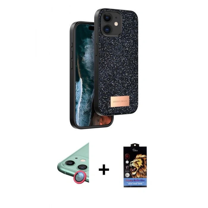 MARSİLYAN™- iPhone 11 Kılıf Vadi Klasik Serisi - Siyah Buffer Hayalet Cam Ekran Koruyucu + Raze Metal Kamera Lens - KI