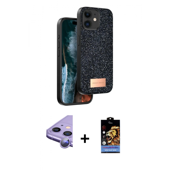 MARSİLYAN™- iPhone 11 Kılıf Vadi Klasik Serisi - Siyah Buffer Hayalet Cam Ekran Koruyucu + Raze Metal Kamera Lens - MR
