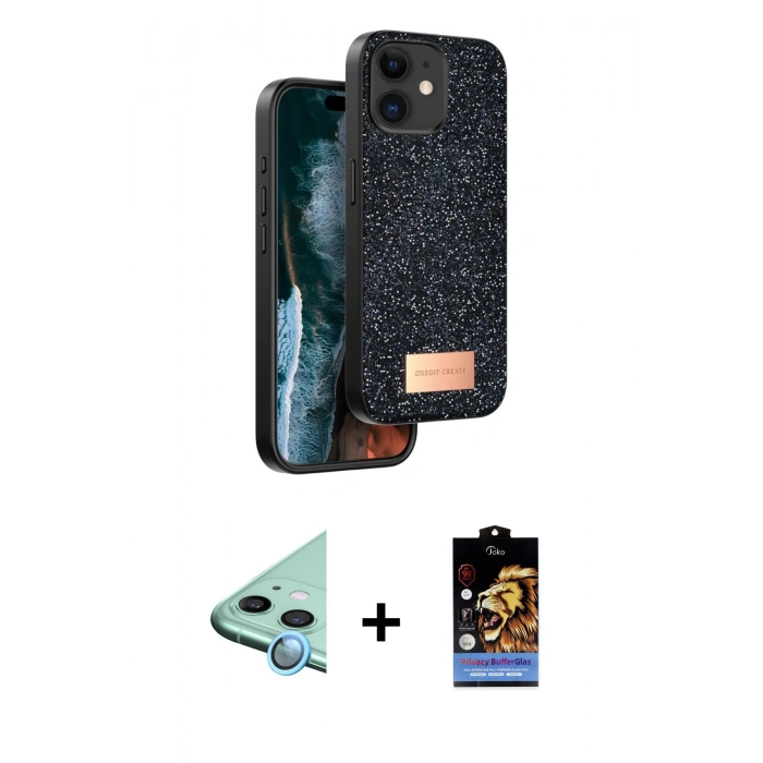 MARSİLYAN™- iPhone 11 Kılıf Vadi Klasik Serisi - Siyah Buffer Hayalet Cam Ekran Koruyucu + Raze Metal Kamera Lens - MI
