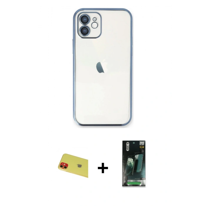 MARSİLYAN™- iPhone 11 Kılıf Vadi Minimal - Şeffaf 360 Full Body Arka Koruyucu + Rainbow Kamera Lens Koruma Cam - KI