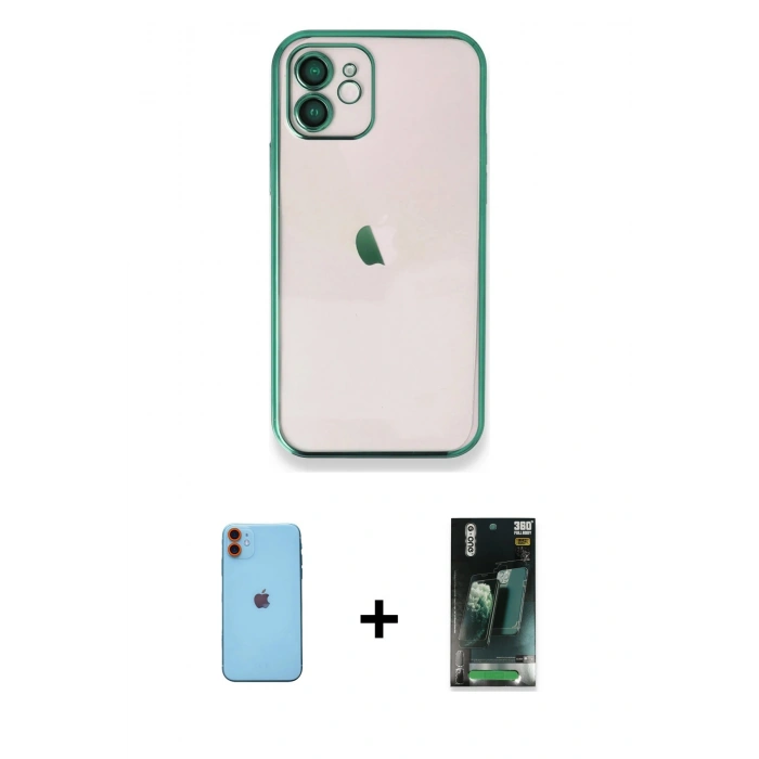MARSİLYAN™- iPhone 11 Kılıf Vadi Minimal - Şeffaf 360 Full Body Arka Koruyucu + Neon Fosforlu Kamera Lens - TU