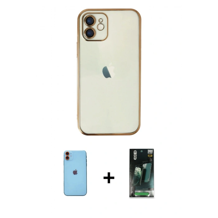 MARSİLYAN™- iPhone 11 Kılıf Vadi Minimal - Şeffaf 360 Full Body Arka Koruyucu + Neon Fosforlu Kamera Lens - TU