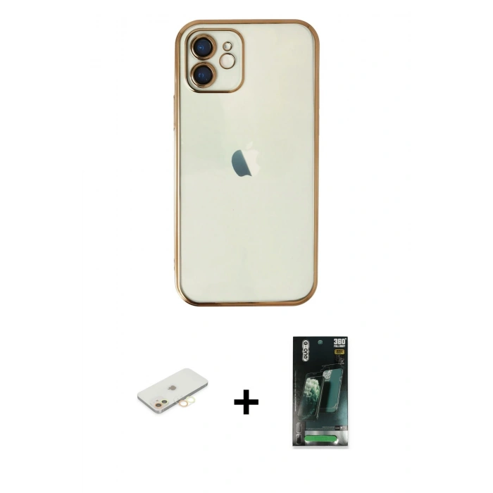 MARSİLYAN™- iPhone 11 Kılıf Vadi Minimal - Şeffaf 360 Full Body Arka Koruyucu + Renkli Kamera Lens Koruma Cam - SI