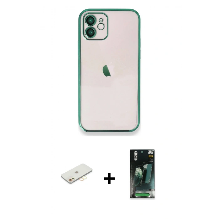 MARSİLYAN™- iPhone 11 Kılıf Vadi Minimal - Şeffaf 360 Full Body Arka Koruyucu + Renkli Kamera Lens Koruma Cam - SI
