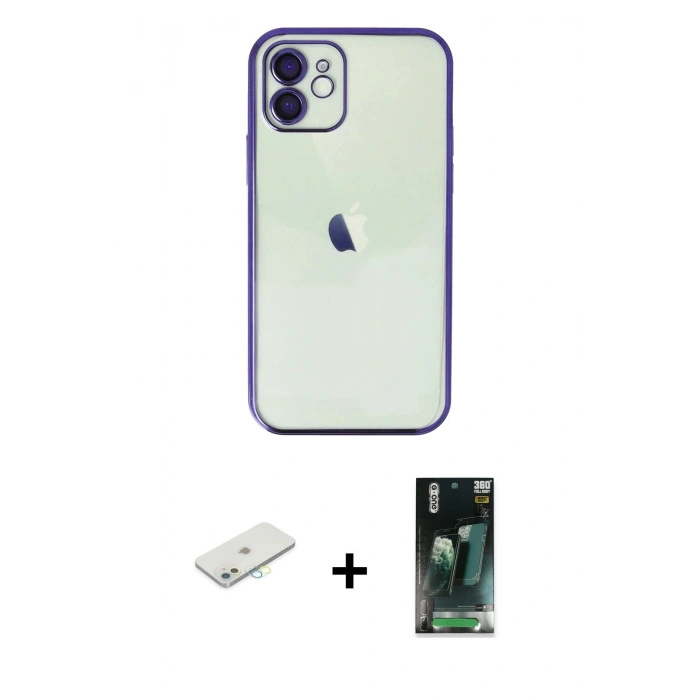 MARSİLYAN™- iPhone 11 Kılıf Vadi Minimal - Şeffaf 360 Full Body Arka Koruyucu + Renkli Kamera Lens Koruma Cam - SI