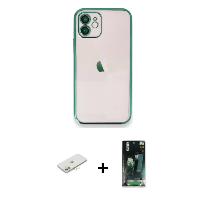 MARSİLYAN™- iPhone 11 Kılıf Vadi Minimal - Şeffaf 360 Full Body Arka Koruyucu + Renkli Kamera Lens Koruma Cam - SI