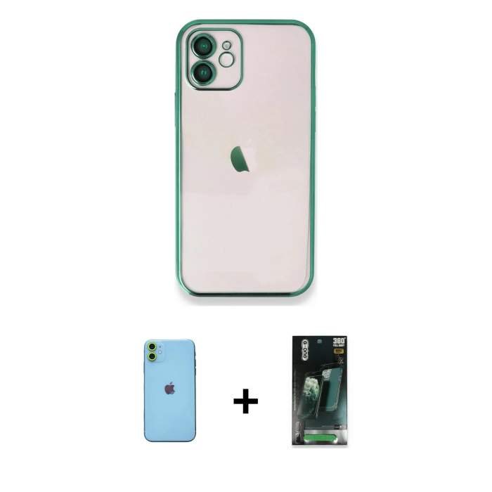 MARSİLYAN™- iPhone 11 Kılıf Vadi Minimal - Şeffaf 360 Full Body Arka Koruyucu + Neon Fosforlu Kamera Lens - YL