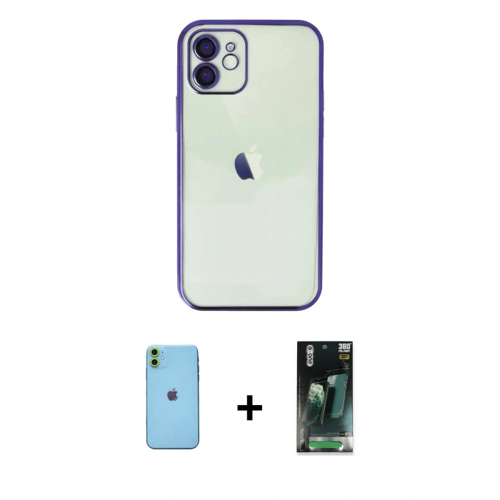 MARSİLYAN™- iPhone 11 Kılıf Vadi Minimal - Şeffaf 360 Full Body Arka Koruyucu + Neon Fosforlu Kamera Lens - YL