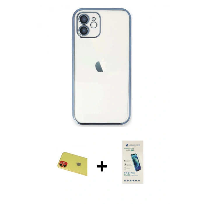 MARSİLYAN™- iPhone 11 Kılıf Vadi Minimal - Şeffaf Pasifik Cam Ekran Koruyucu + Kırmızı Rainbow Kamera Lens Koruma Cam