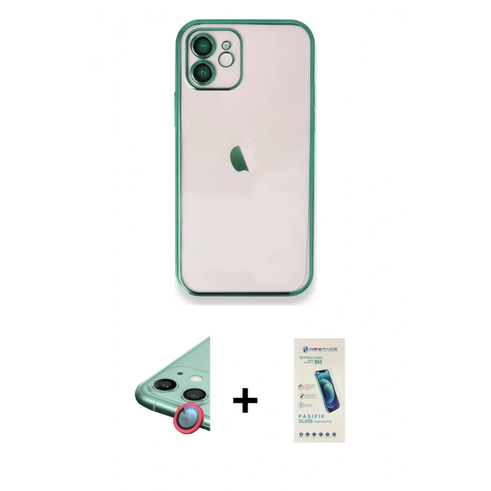 MARSİLYAN™- iPhone 11 Kılıf Vadi Minimal - Şeffaf Pasifik Cam Ekran Koruyucu + Raze Metal Kamera Lens - KI