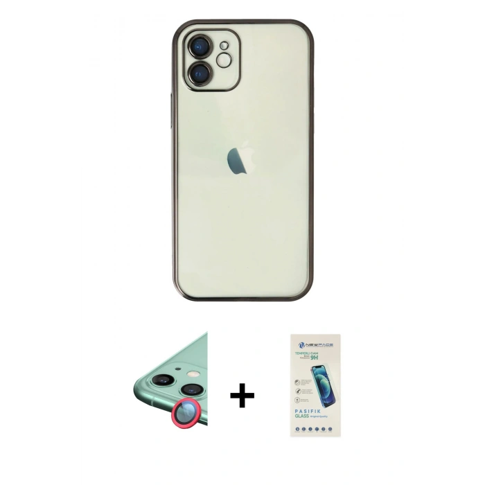 MARSİLYAN™- iPhone 11 Kılıf Vadi Minimal - Şeffaf Pasifik Cam Ekran Koruyucu + Raze Metal Kamera Lens - KI