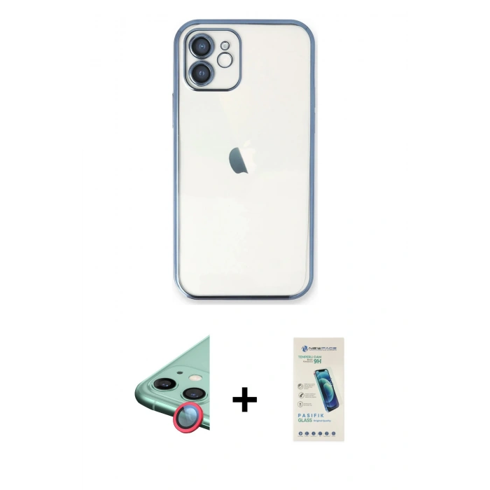 MARSİLYAN™- iPhone 11 Kılıf Vadi Minimal - Şeffaf Pasifik Cam Ekran Koruyucu + Raze Metal Kamera Lens - KI