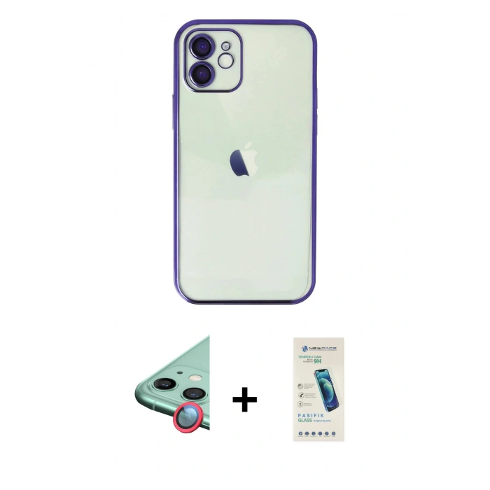 MARSİLYAN™- iPhone 11 Kılıf Vadi Minimal - Şeffaf Pasifik Cam Ekran Koruyucu + Raze Metal Kamera Lens - KI