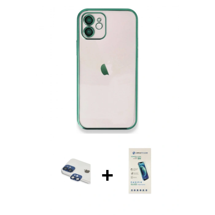 MARSİLYAN™- iPhone 11 Kılıf Vadi Minimal - Şeffaf Pasifik Cam Ekran Koruyucu + Pers Alüminyum Kamera Lens - LT