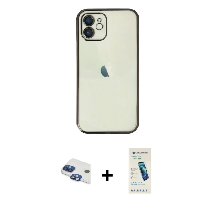 MARSİLYAN™- iPhone 11 Kılıf Vadi Minimal - Şeffaf Pasifik Cam Ekran Koruyucu + Pers Alüminyum Kamera Lens - LT