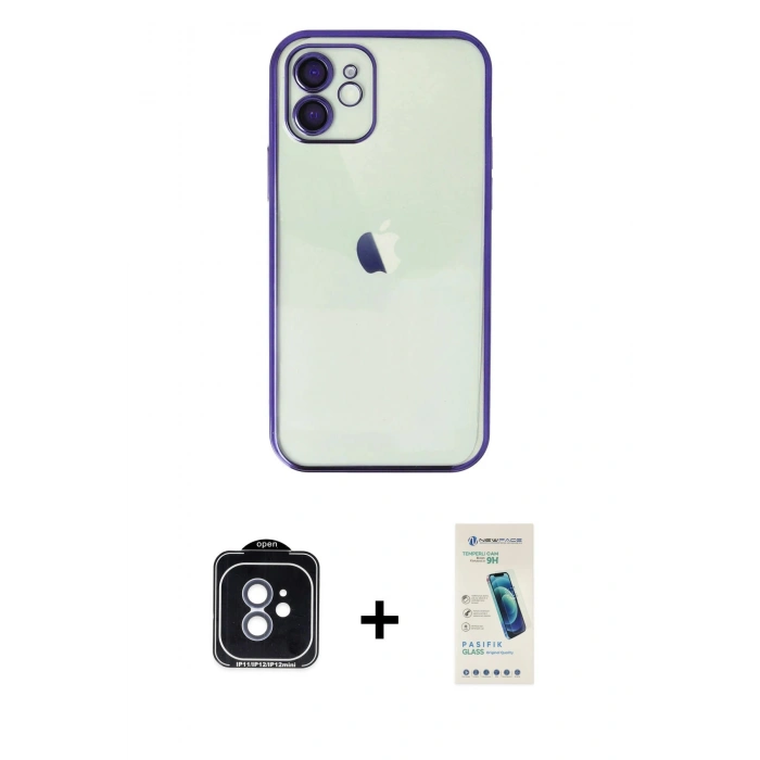 MARSİLYAN™- iPhone 11 Kılıf Vadi Minimal - Şeffaf Pasifik Cam Ekran Koruyucu + PVD Metal Kamera Lens - MI