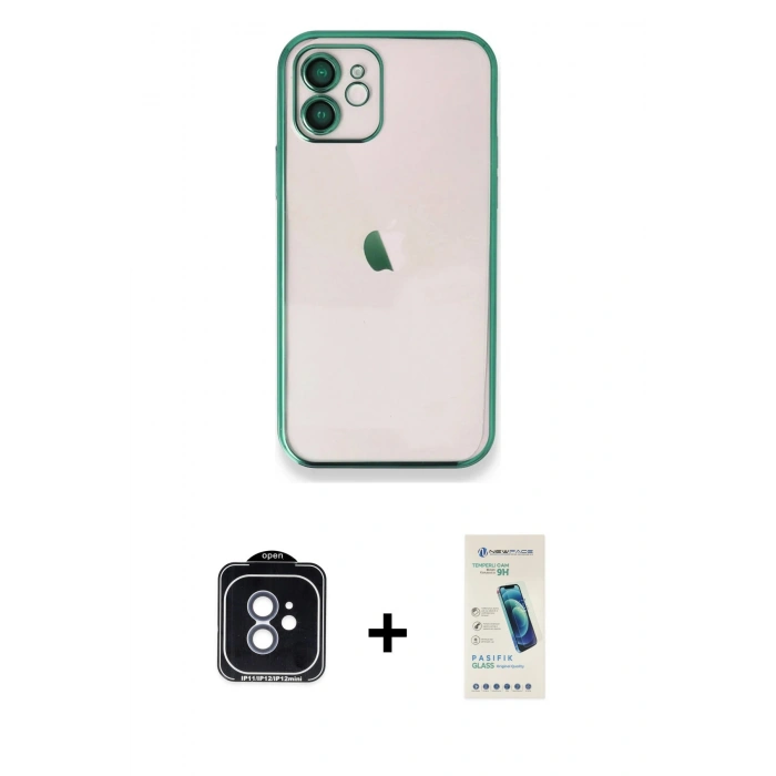 MARSİLYAN™- iPhone 11 Kılıf Vadi Minimal - Şeffaf Pasifik Cam Ekran Koruyucu + PVD Metal Kamera Lens - MI