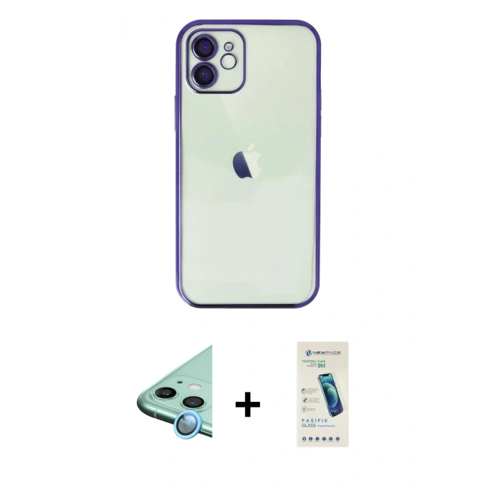 MARSİLYAN™- iPhone 11 Kılıf Vadi Minimal - Şeffaf Pasifik Cam Ekran Koruyucu + Raze Metal Kamera Lens - MI