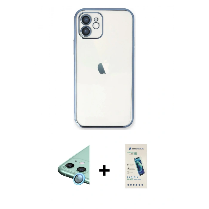 MARSİLYAN™- iPhone 11 Kılıf Vadi Minimal - Şeffaf Pasifik Cam Ekran Koruyucu + Raze Metal Kamera Lens - MI