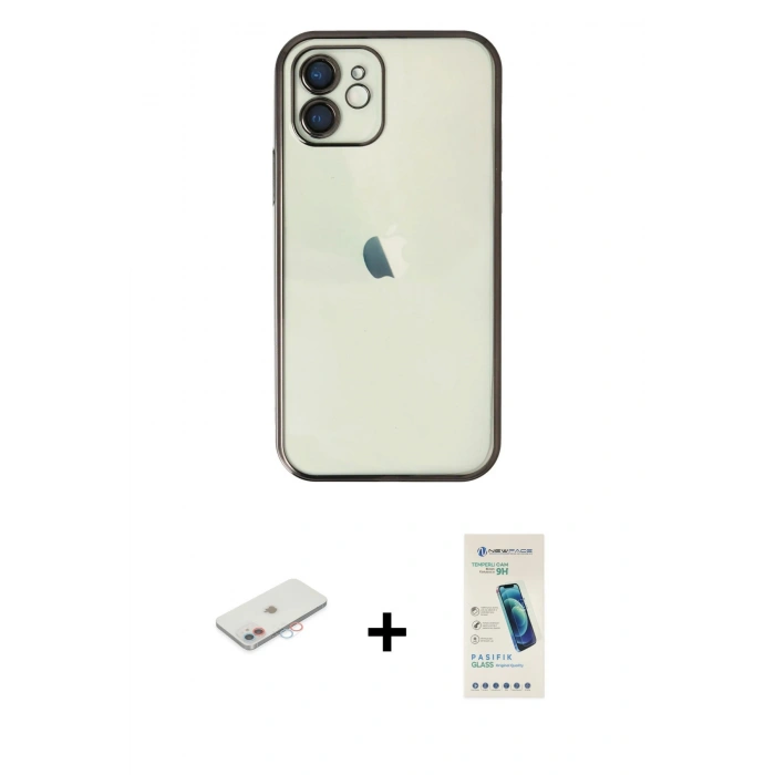 MARSİLYAN™- iPhone 11 Kılıf Vadi Minimal - Şeffaf Pasifik Cam Ekran Koruyucu + Pembe Renkli Kamera Lens Koruma Cam