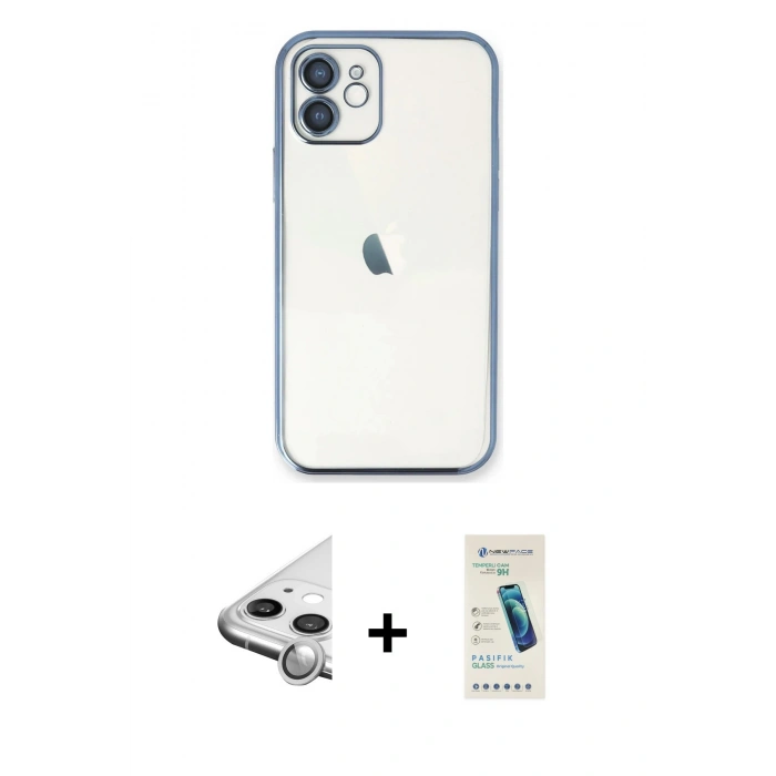 MARSİLYAN™- iPhone 11 Kılıf Vadi Minimal - Şeffaf Pasifik Cam Ekran Koruyucu + Raze Metal Kamera Lens - GS