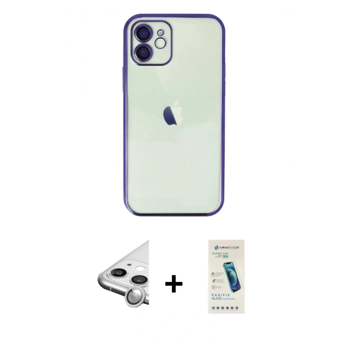 MARSİLYAN™- iPhone 11 Kılıf Vadi Minimal - Şeffaf Pasifik Cam Ekran Koruyucu + Raze Metal Kamera Lens - GS