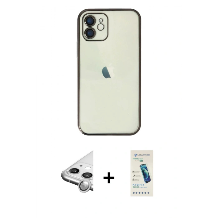 MARSİLYAN™- iPhone 11 Kılıf Vadi Minimal - Şeffaf Pasifik Cam Ekran Koruyucu + Raze Metal Kamera Lens - GS