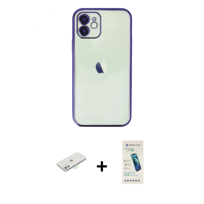 MARSİLYAN™- iPhone 11 Kılıf Vadi Minimal - Şeffaf Pasifik Cam Ekran Koruyucu + Renkli Kamera Lens Koruma Cam - SI