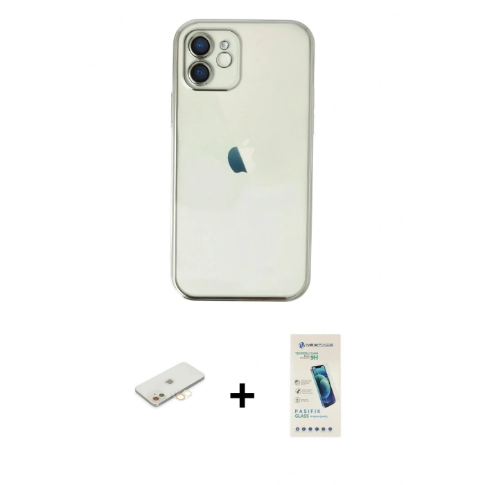 MARSİLYAN™- iPhone 11 Kılıf Vadi Minimal - Şeffaf Pasifik Cam Ekran Koruyucu + Renkli Kamera Lens Koruma Cam - SI