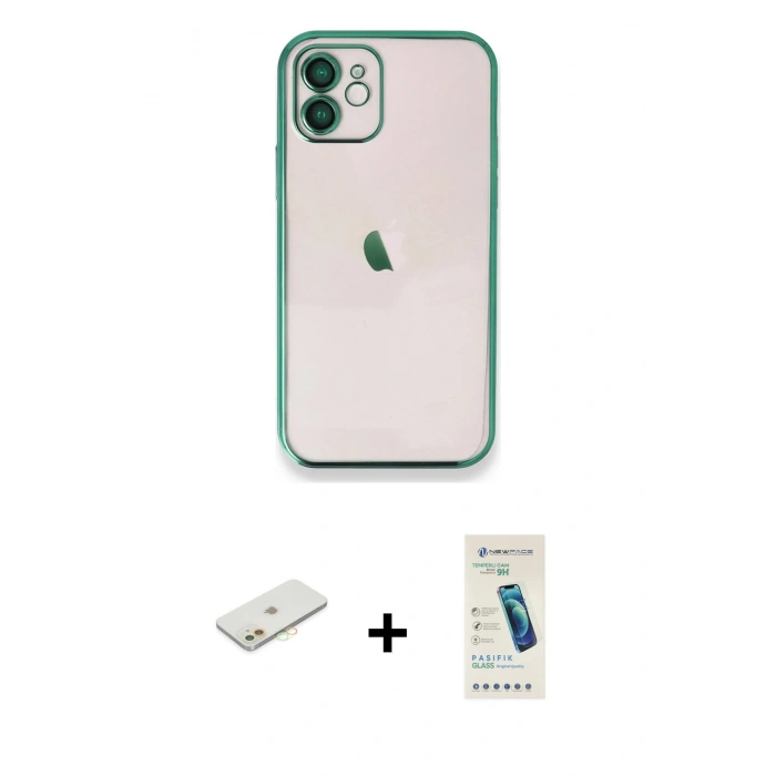 MARSİLYAN™- iPhone 11 Kılıf Vadi Minimal - Şeffaf Pasifik Cam Ekran Koruyucu + Renkli Kamera Lens Koruma Cam - TU