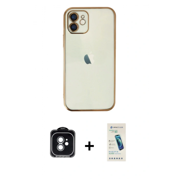 MARSİLYAN™- iPhone 11 Kılıf Vadi Minimal - Şeffaf Pasifik Cam Ekran Koruyucu + PVD Metal Kamera Lens - YL