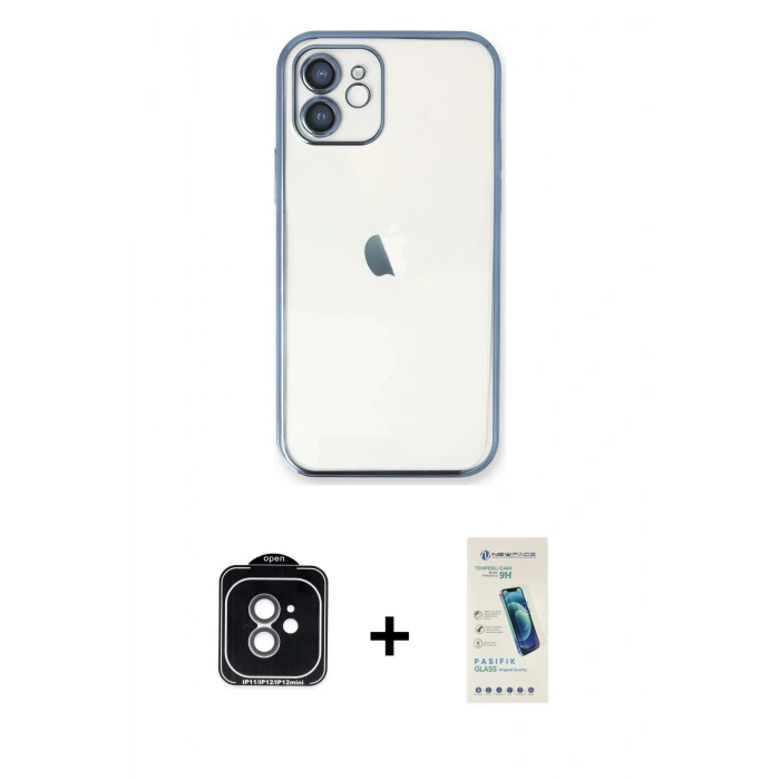 MARSİLYAN™- iPhone 11 Kılıf Vadi Minimal - Şeffaf Pasifik Cam Ekran Koruyucu + PVD Metal Kamera Lens - YL