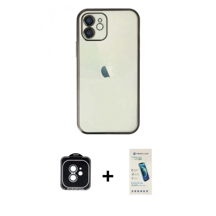 MARSİLYAN™- iPhone 11 Kılıf Vadi Minimal - Şeffaf Pasifik Cam Ekran Koruyucu + PVD Metal Kamera Lens - YL