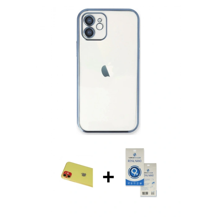MARSİLYAN™- iPhone 11 Kılıf Vadi Minimal - Şeffaf Royal Nano Ekran Koruyucu + Rainbow Kamera Lens Koruma Cam - KI
