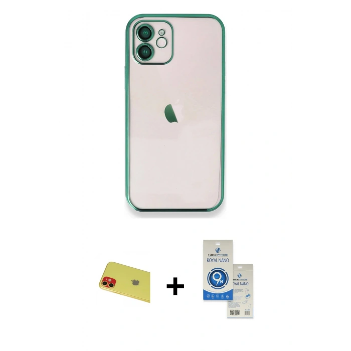 MARSİLYAN™- iPhone 11 Kılıf Vadi Minimal - Şeffaf Royal Nano Ekran Koruyucu + Rainbow Kamera Lens Koruma Cam - KI