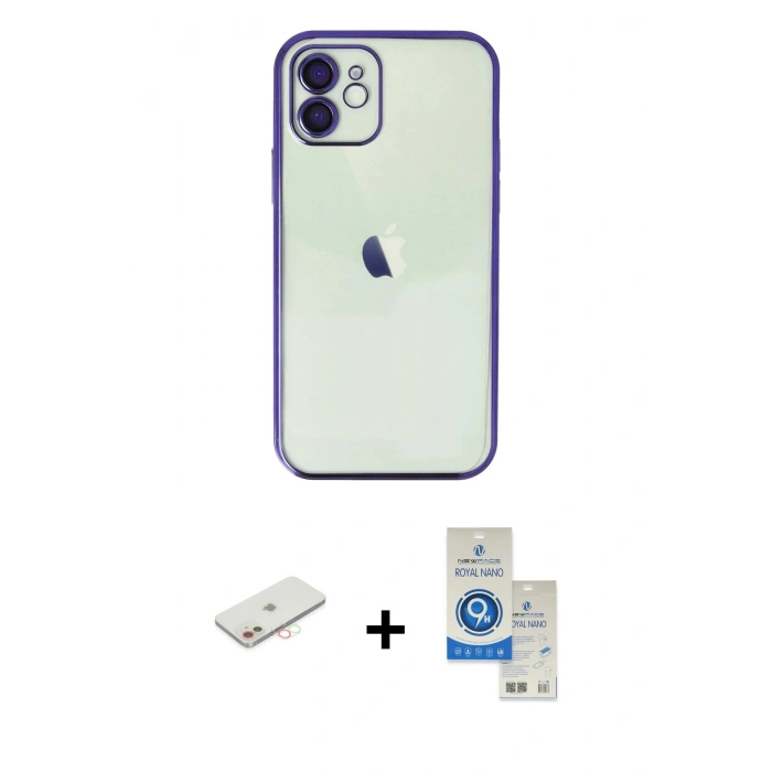 MARSİLYAN™- iPhone 11 Kılıf Vadi Minimal - Şeffaf Royal Nano Ekran Koruyucu + Renkli Kamera Lens Koruma Cam - YL