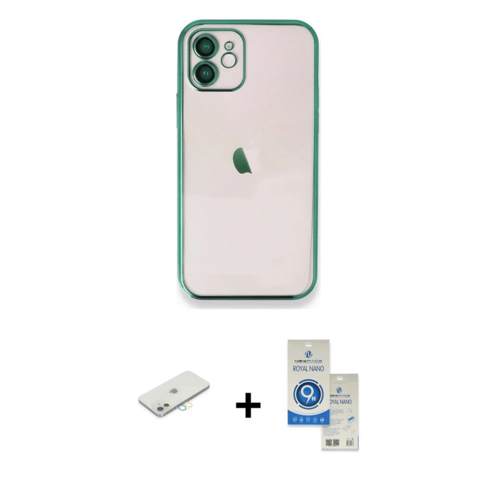 MARSİLYAN™- iPhone 11 Kılıf Vadi Minimal - Şeffaf Royal Nano Ekran Koruyucu + Renkli Kamera Lens Koruma Cam - SI