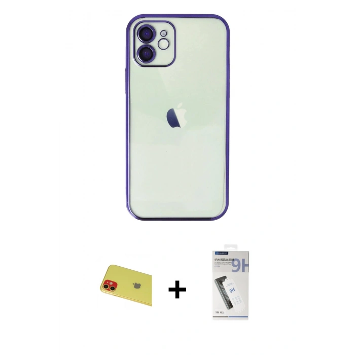 MARSİLYAN™- iPhone 11 Kılıf Vadi Minimal - Şeffaf Uv Polymer Nano Ekran Koruyucu + Kırmızı Rainbow Kamera Lens Koruma Cam