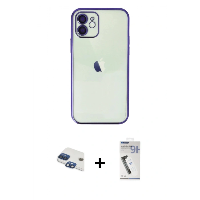 MARSİLYAN™- iPhone 11 Kılıf Vadi Minimal - Şeffaf Uv Polymer Nano Ekran Koruyucu + Lacivert Pers Alüminyum Kamera Lens
