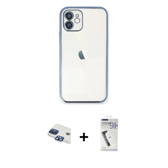 MARSİLYAN™- iPhone 11 Kılıf Vadi Minimal - Şeffaf Uv Polymer Nano Ekran Koruyucu + Lacivert Pers Alüminyum Kamera Lens