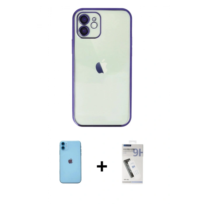 MARSİLYAN™- iPhone 11 Kılıf Vadi Minimal - Şeffaf Uv Polymer Nano Ekran Koruyucu + Neon Fosforlu Kamera Lens - MI
