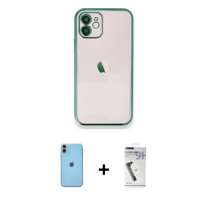 MARSİLYAN™- iPhone 11 Kılıf Vadi Minimal - Şeffaf Uv Polymer Nano Ekran Koruyucu + Neon Fosforlu Kamera Lens - TU