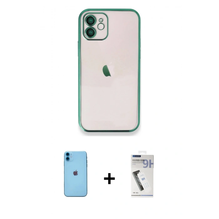 MARSİLYAN™- iPhone 11 Kılıf Vadi Minimal - Şeffaf Uv Polymer Nano Ekran Koruyucu + Neon Fosforlu Kamera Lens - MI